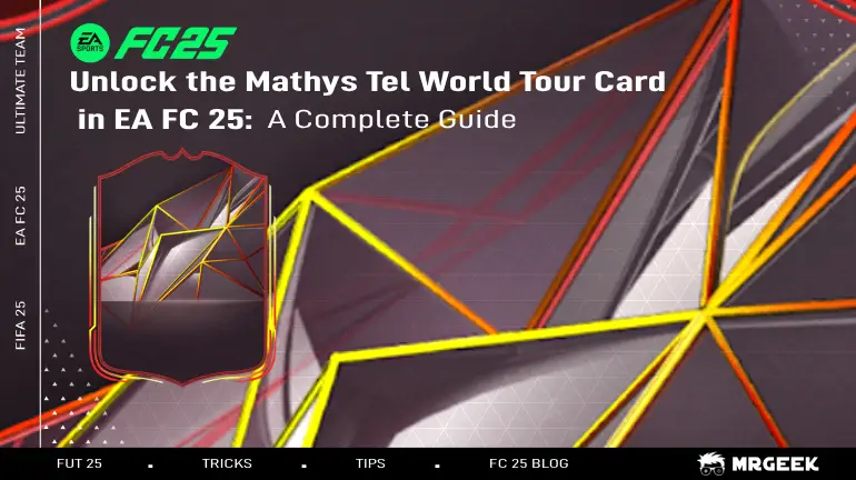Mathys Tel World Tour Karte in EA FC 25, mit verbesserten Statistiken und einzigartigem Design für Ultimate Team-Spieler.